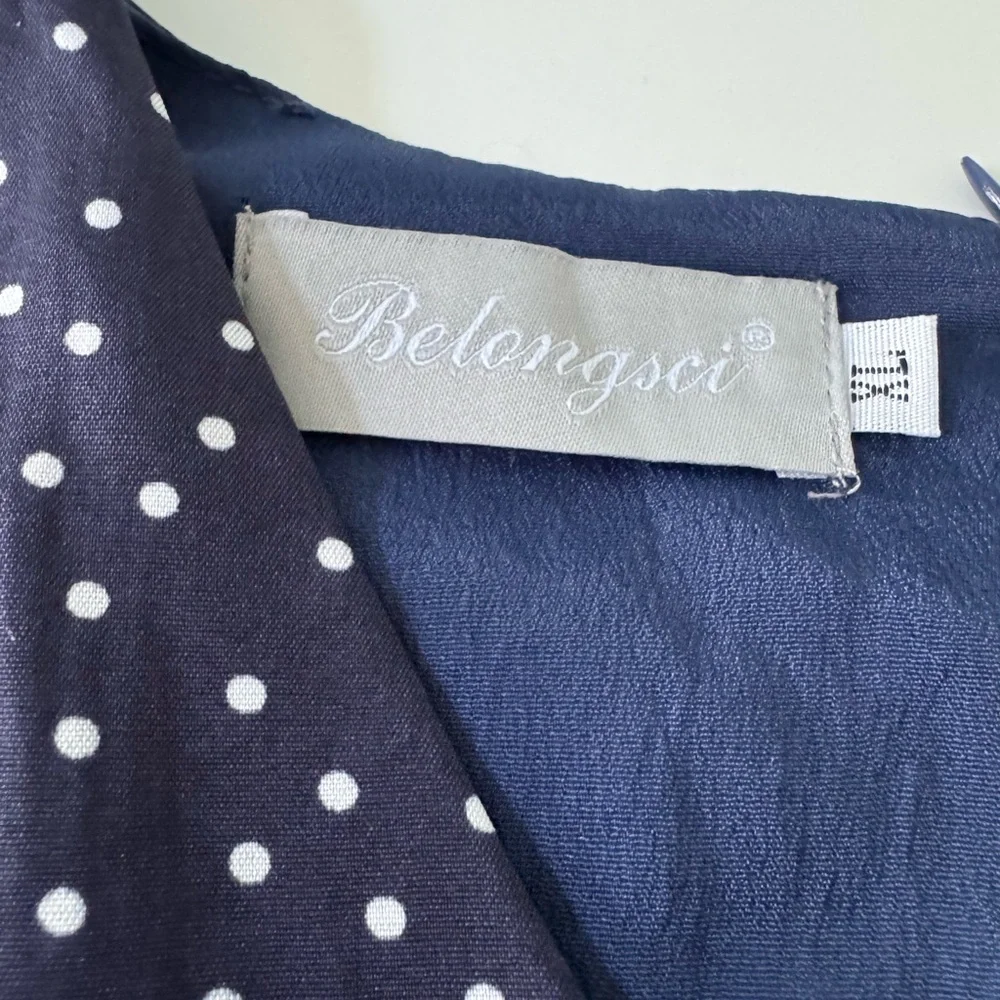 Belongsci Navy Polka Dot V-Neck Dress - Picture 2 of 10